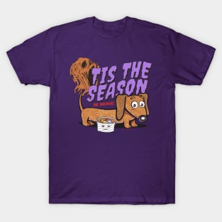 Funny and cute Doxie Dachshund Dog being brave for Tis the Season halloween while trick or treating T-Shirt